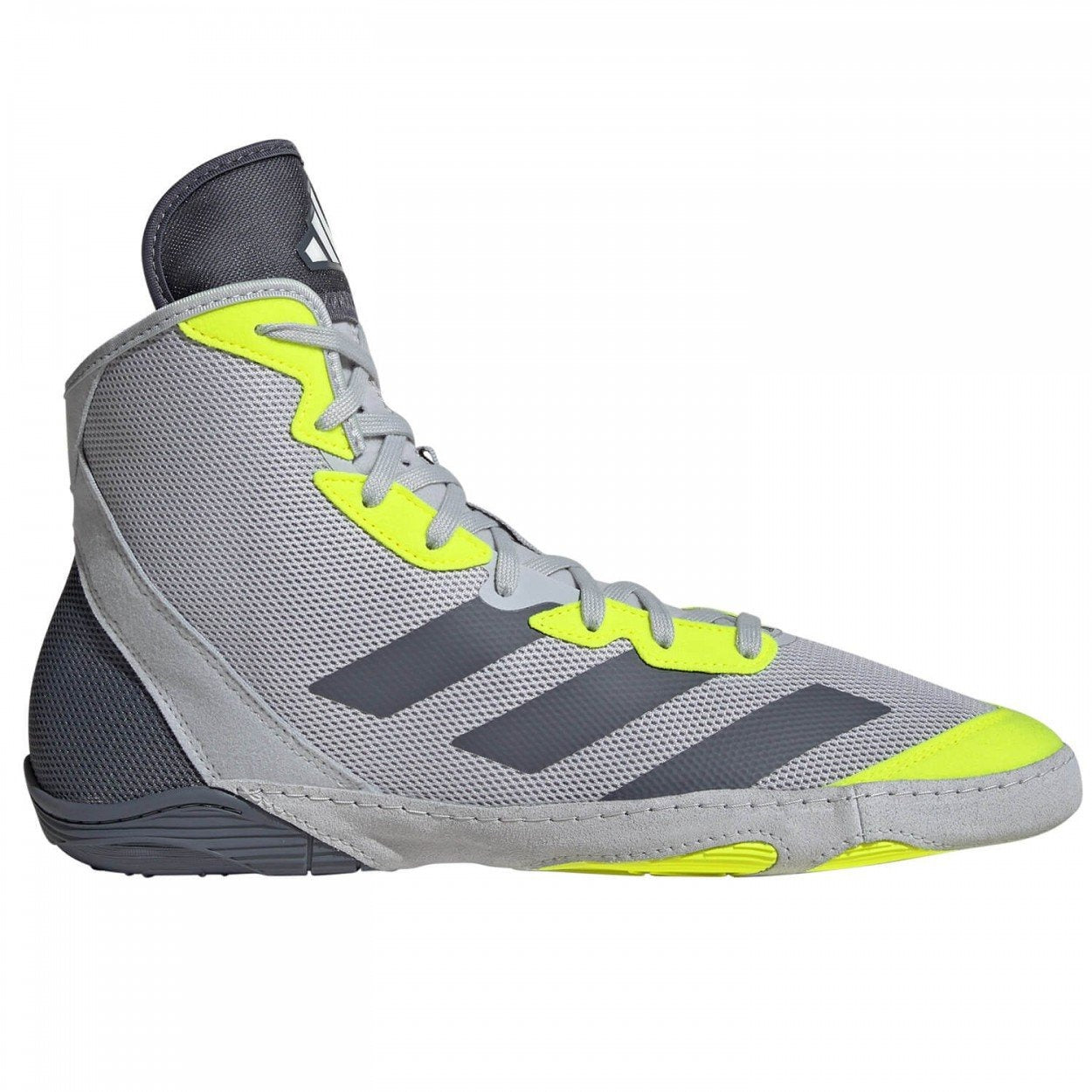 Die Adidas Adizero Wrestling Shoes in Grau und Neon bieten exzellenten Halt und Flexibilität für Ringer und Grappler. Mit ihrer rutschfesten Sohle und dem leichten Material ermöglichen sie schnelle Bewegungen und stabilen Stand auf der Matte. Ideal für Training und Wettkampf.