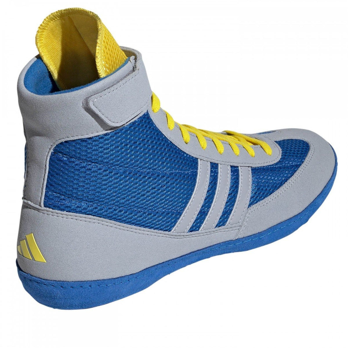 Die Adidas Combat Speed 4 Wrestling Shoes verbinden ein stilvolles Design in Blau, Grau und Gelb mit Funktionalität und Komfort. Die robuste Sohle bietet Stabilität, während das atmungsaktive Obermaterial Schweiß effektiv ableitet. Ideal für Ringer und Grappling-Sportarten.