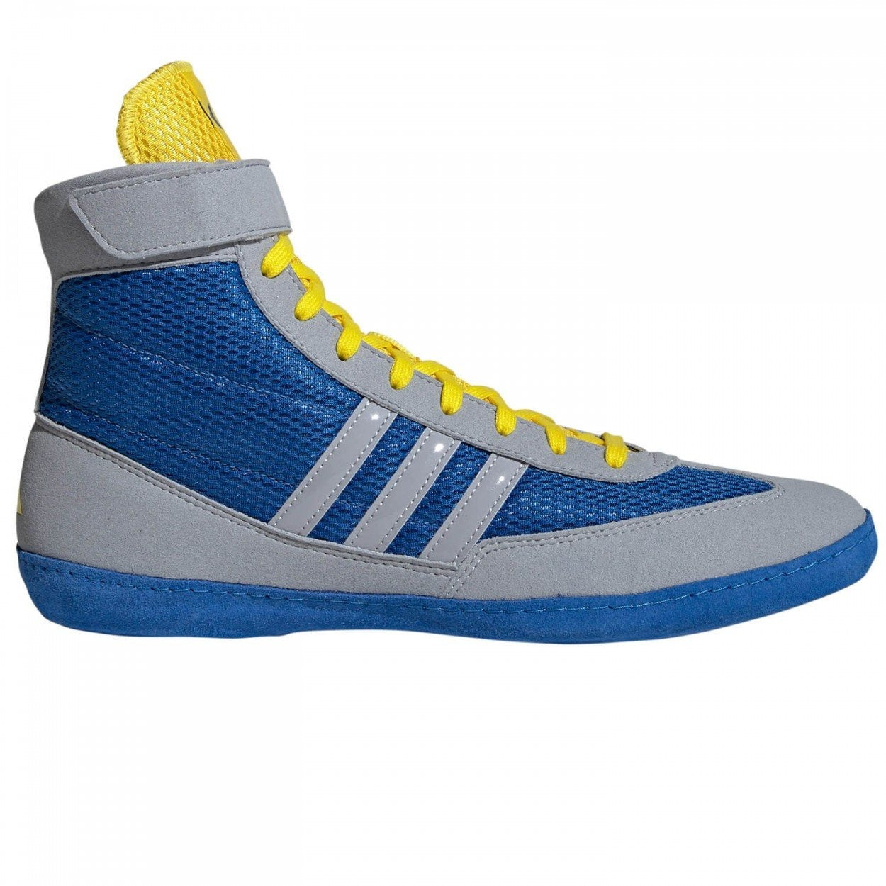 Die Adidas Combat Speed 4 Wrestling Shoes in Blau, Grau und Gelb bieten leichten Komfort und Stabilität für Ringer und Kampfsportler. Die rutschfeste Sohle sorgt für festen Stand auf der Matte, während das atmungsaktive Material maximale Beweglichkeit ermöglicht. Ideal für Wettkampf und Training im Ringen.