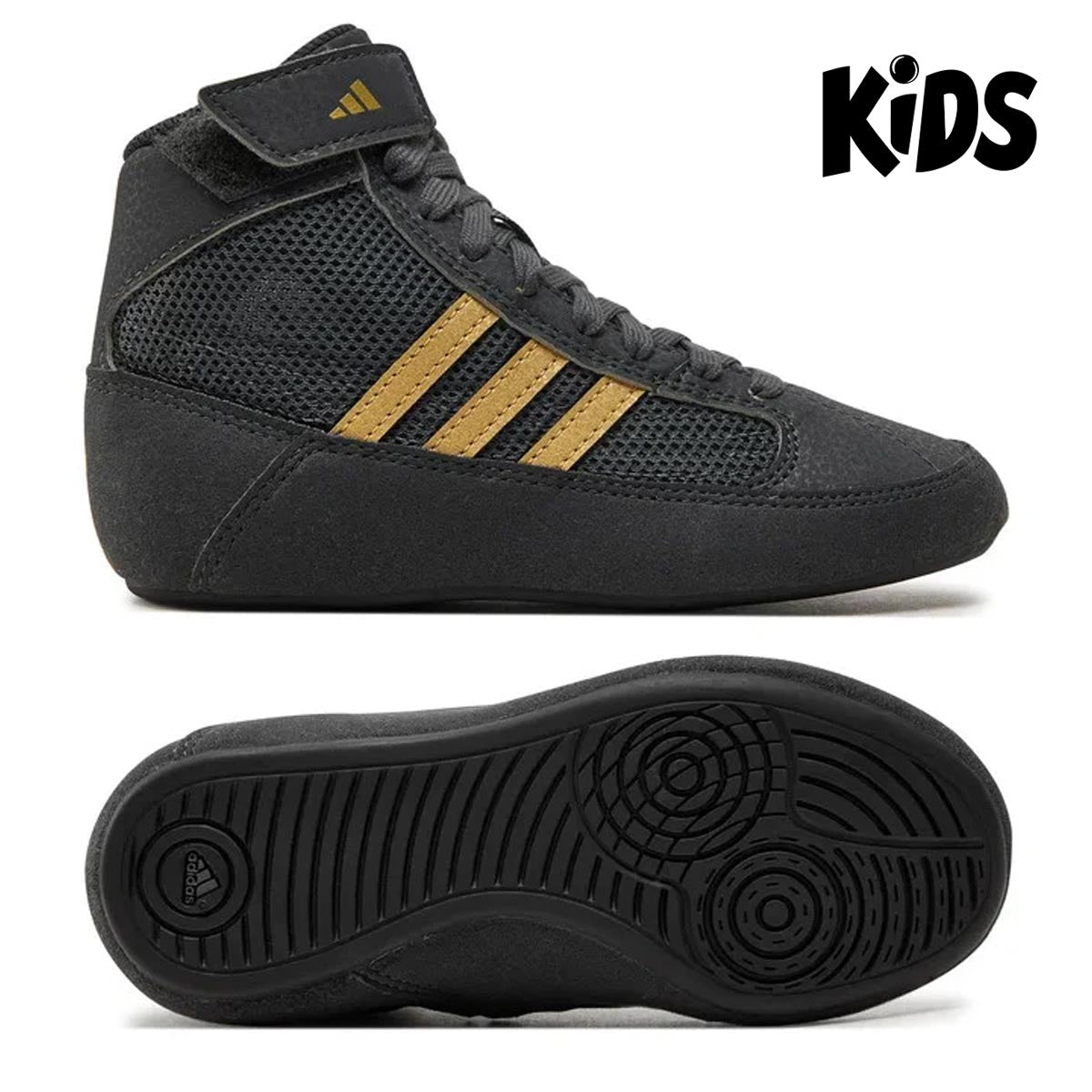 Adidas Ringerschuh für Kinder in schwarz/gold. Super Qualität und Passform speziell für Kinderfüße. Code: 6872