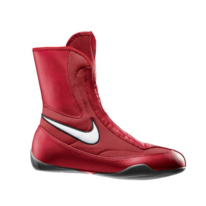 Nike Oly Mid Boxschuhe in Rot, entworfen für optimale Stabilität und Bewegungsfreiheit im Boxring. Der mittelhohe Schaft bietet festen Halt, während die strapazierfähige Gummisohle hervorragenden Grip und Standfestigkeit ermöglicht. Mit atmungsaktivem Obermaterial und leichtem Design sind diese Schuhe ideal für intensives Training und Wettkämpfe.