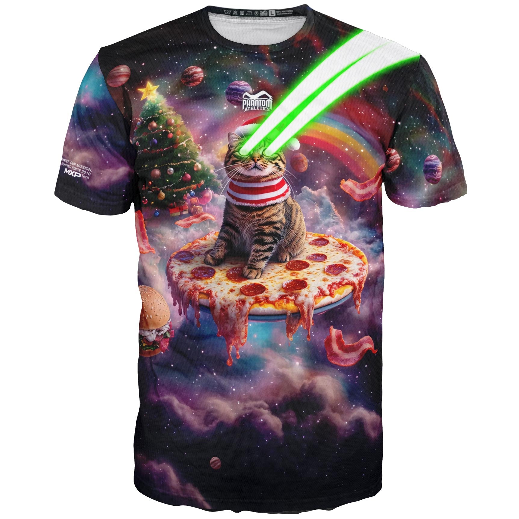 Phantom Athletics Training Shirt EVO mit Laser Eye Cat Christmas Pizza Motiv für Fitness-Enthusiasten.
Das auffällige Design mit weihnachtlicher Note macht dieses Shirt zu einem Hingucker. Hergestellt aus schnelltrocknendem Material, bietet es maximalen Komfort beim Sport.