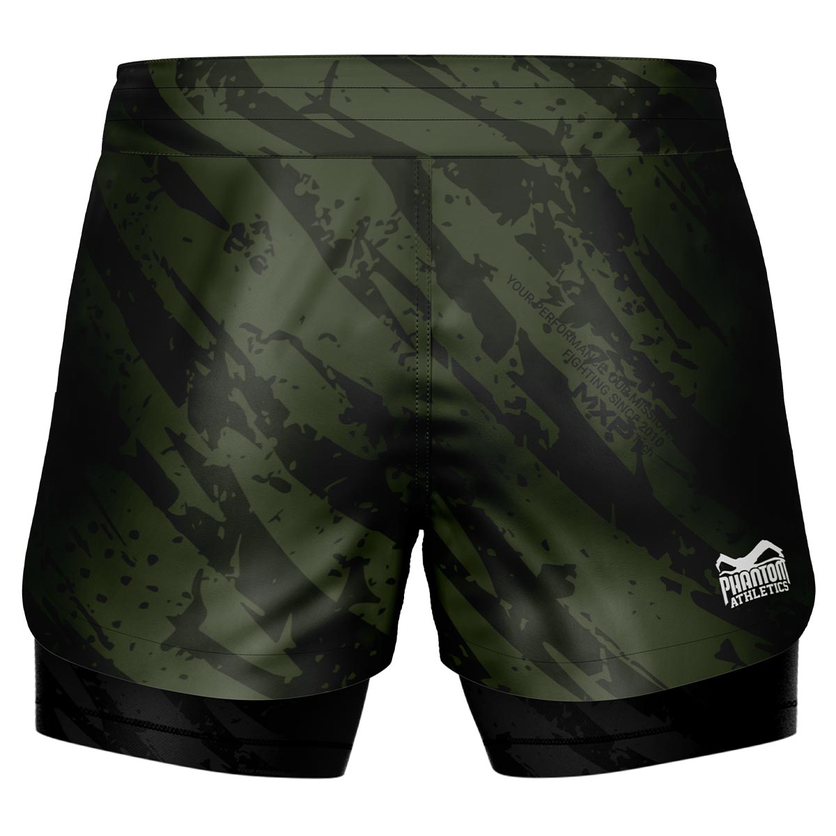 Phantom Fightshorts Fusion 2in1. Ultimative Shorts für deinen Kampfsport mit integrierter Compression Shorts. Ideal für MMA, BJJ, Ringen, Grappling oder Muay Thai. In schwarz grün mit Camo Tiger Streifen.