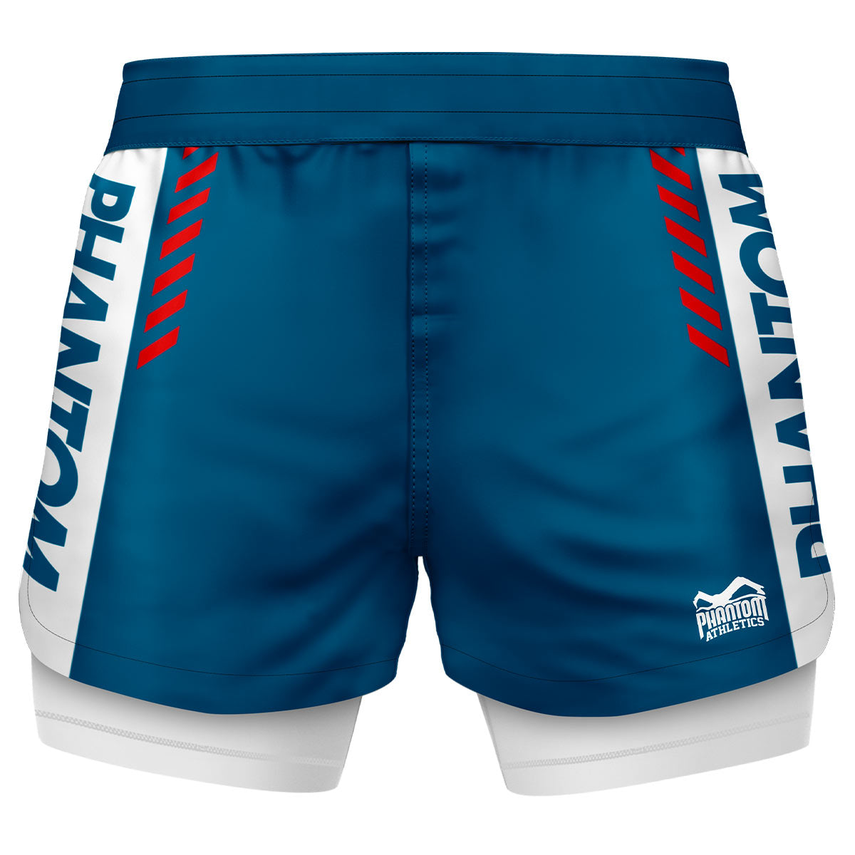 Phantom Fightshorts Fusion 2in1. Ultimative Shorts für deinen Kampfsport mit integrierter Compression Shorts. Ideal für MMA, BJJ, Ringen, Grappling oder Muay Thai. In blau mit PHANTOM Schriftzug.