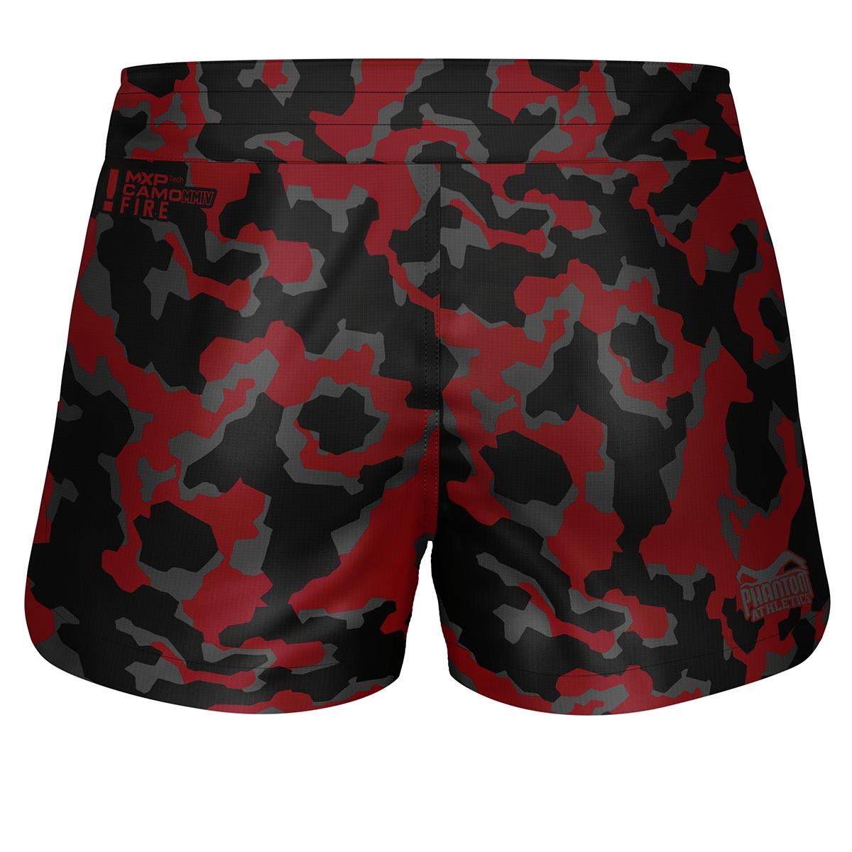 Robuste und flexible Phantom Athletics FUSION-R Lava Fightshorts mit sicherem Sitz und atmungsaktivem Material, ideal für intensives Training und MMA, mit einem stylischen Rot-Schwarz-Camo-Look.