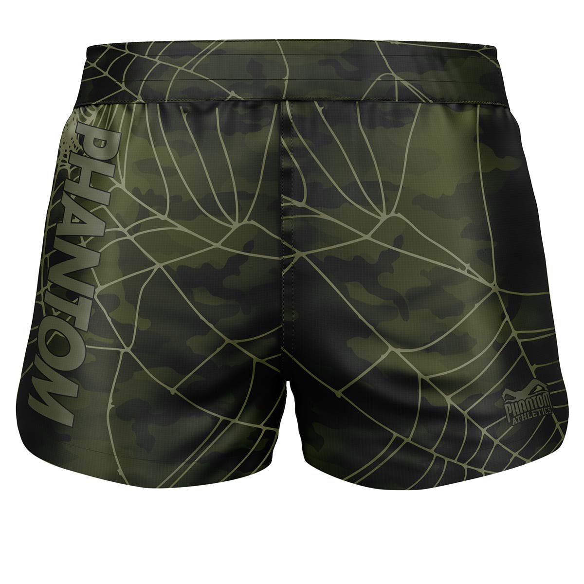 Phantom Athletics FUSION-R MGS Spider Fightshorts im grünen Spider-Camo-Design, leicht und atmungsaktiv, mit elastischem Bund und reißfestem Ripstop-Gewebe für volle Bewegungsfreiheit.