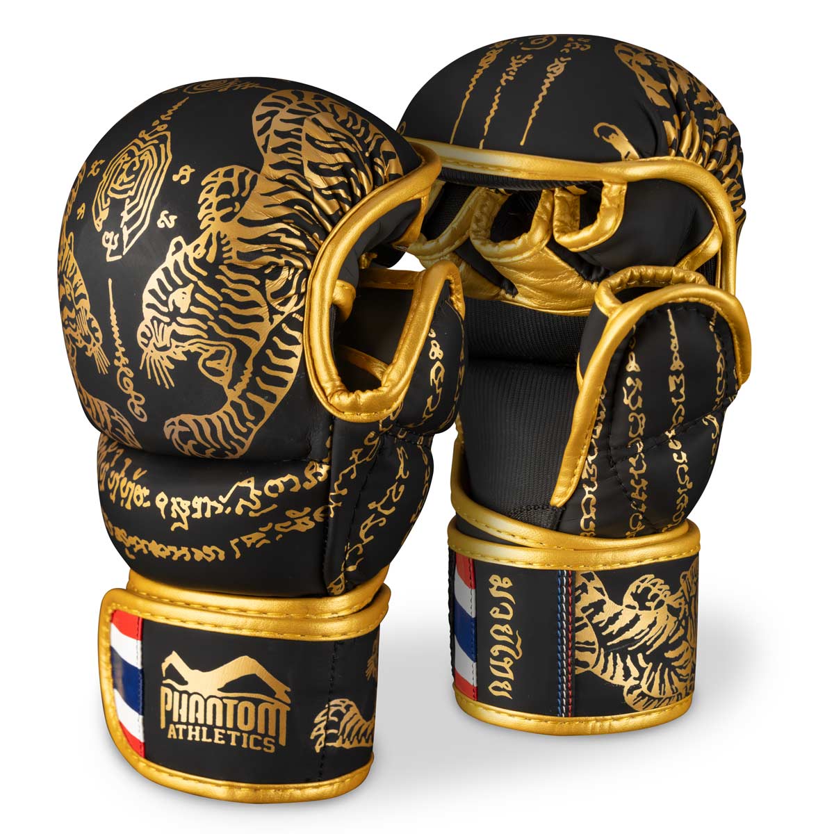 Phantom MMA Muay Thai Sparringshandschuhe im limitierten Schwarz/Goldenen Sak Yant / Thaibox Design.