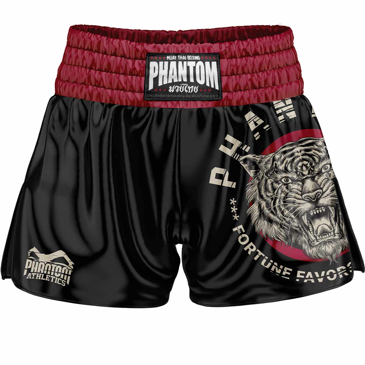 Die neuen Phantom Muay Thai Shorts. Überragende Qualität, Passform und Tragekomfort machen diese Thaishorts zur ersten Wahl für Training und Wettkampf. Im klassichen Muay Thai Stil mit hohem Bund, weit geschnittenen Beinen und glänzendem Material. Ideal für alle Kampfsportler und speziell Thaiboxer. Hier im beliebten Tiger Unit Look.