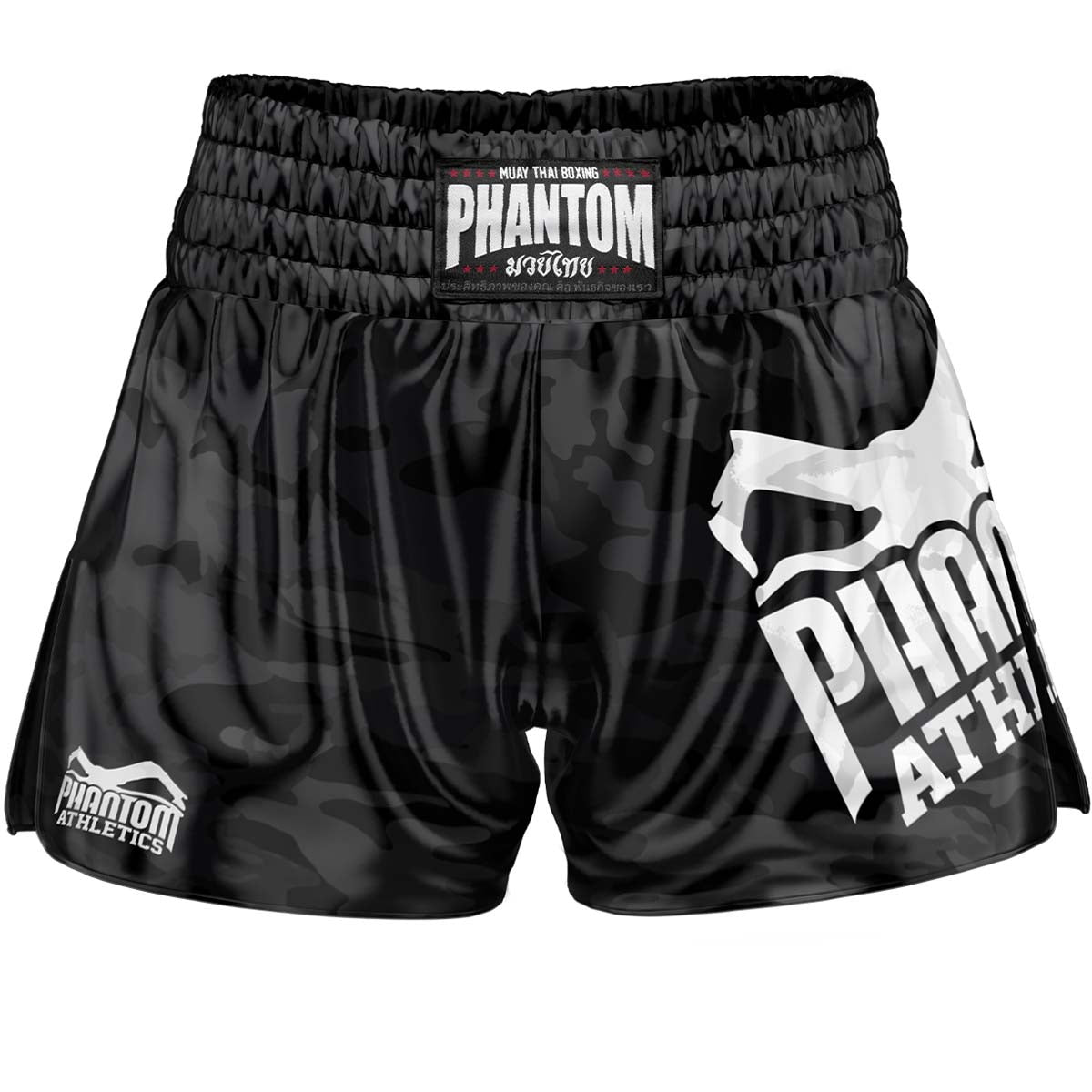 Phantom Muay Thai Shorts in schwarz Camo für Training und Wettkampf. Höchste Qualität und traditionelle Ausführung in Satin für dein Thaiboxen.