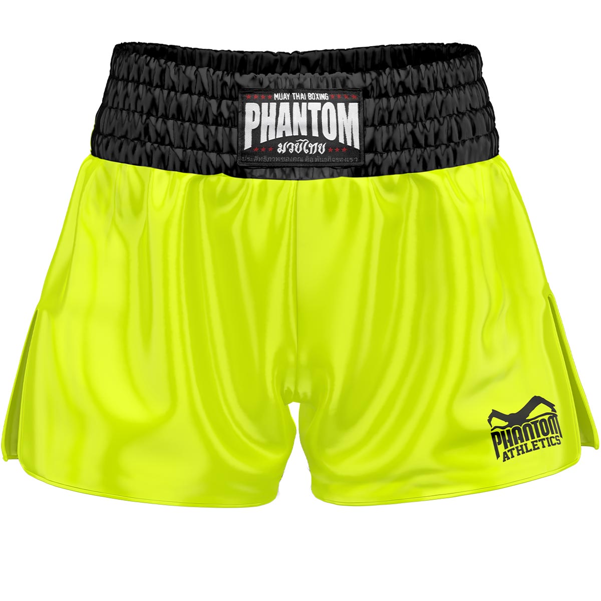 Die neuen Phantom Muay Thai Shorts. Überragende Qualität, Passform und Tragekomfort machen diese Thaishorts zur ersten Wahl für Training und Wettkampf. Im klassischen Muay Thai Stil mit hohem Bund, weit geschnittenen Beinen und glänzendem Material. Ideal für alle Kampfsportler und speziell Thaiboxer. Hier im schlichten Team Design in grellem Neongelb.