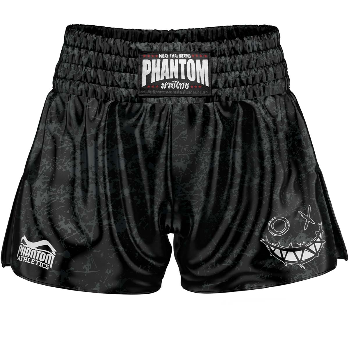 Phantom Muay Thai Shorts in dem beliebten Serious Design mit Smiley. Hochwertige Verarbeitung in thailändischer Qualität. Ideal für dein Thaibox Training und Wettkampf. 