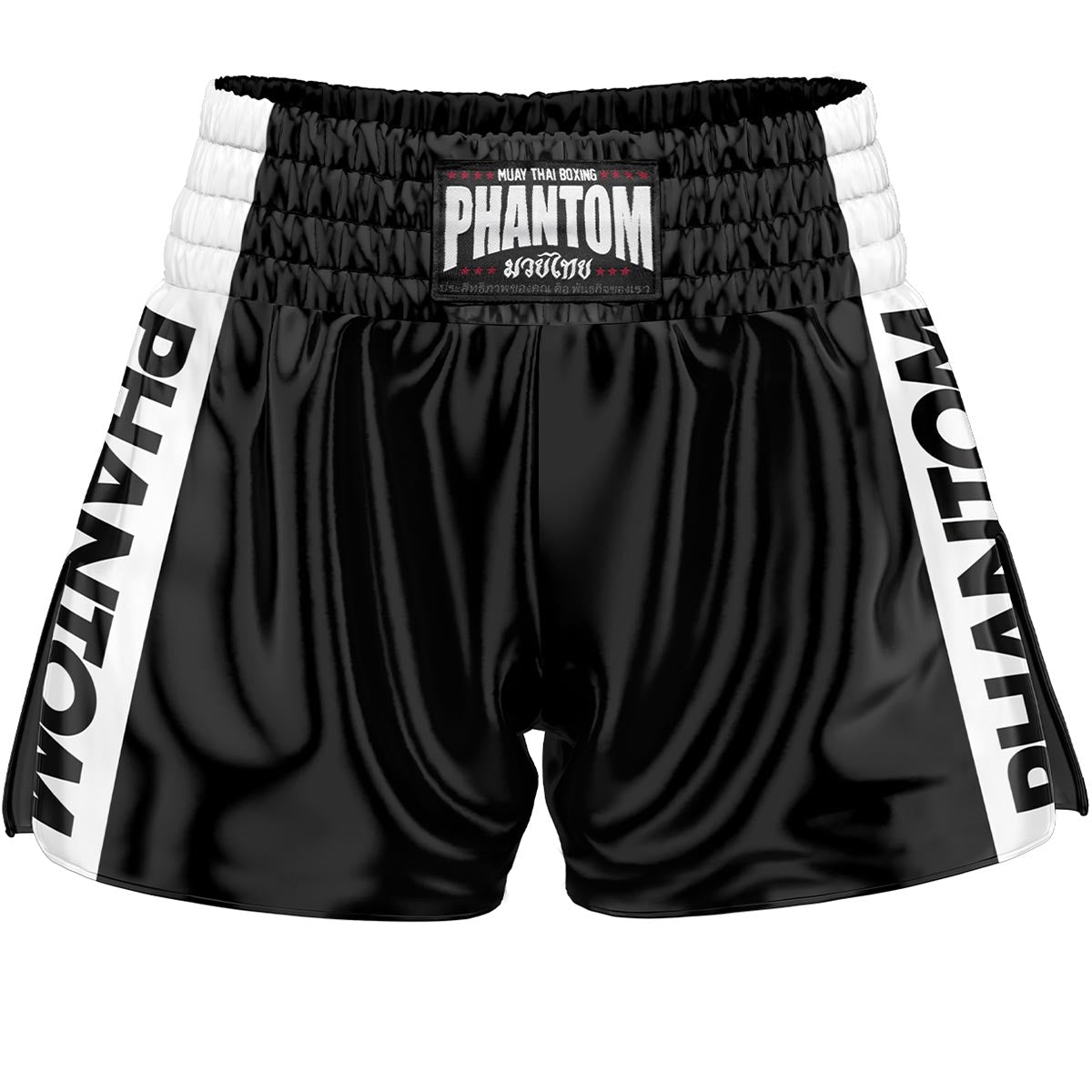 Phantom Muay Thai Shorts in schwarz für Training und Wettkampf. Höchste Qualität und traditionelle Ausführung in Satin für dein Thaiboxen.