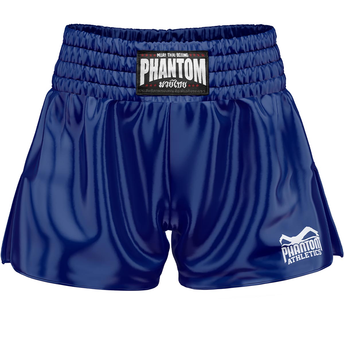 Die neuen Phantom Muay Thai Shorts. Überragende Qualität, Passform und Tragekomfort machen diese Thaishorts zur ersten Wahl für Training und Wettkampf. Im klassischen Muay Thai Stil mit hohem Bund, weit geschnittenen Beinen und glänzendem Material. Ideal für alle Kampfsportler und speziell Thaiboxer. Hier im schlichten Team Design in schönem Dunkelblau.