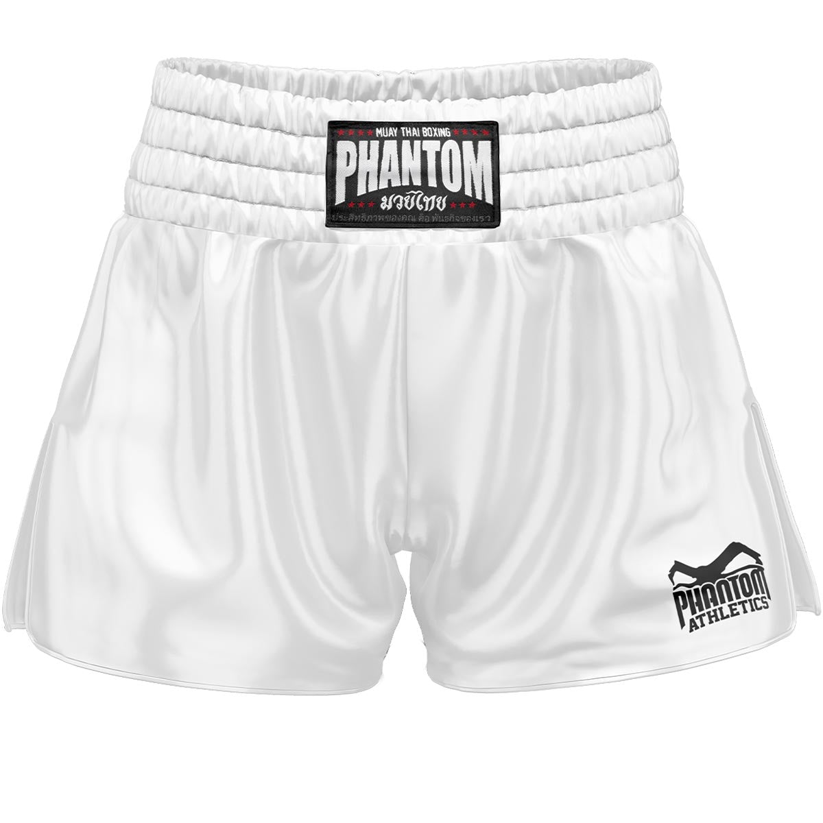 Die Phantom Muay Thai Shorts Team in weiß. Oldschool Satin Stoff verleiht dir original Thailand Feeling. In gewohnter Phantom Athletics Qualität. Ideal für dein Thaibox Training und den Wettkampf.