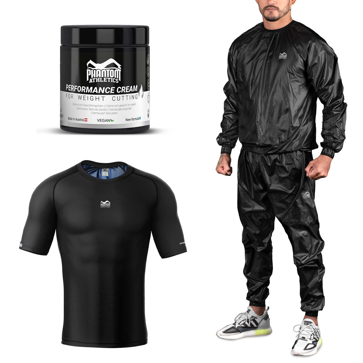 Das Weight Cut Set Nomax von Phantom Athletics ist speziell für MMA, Ringen und Thaiboxen entwickelt und unterstützt Sportler optimal beim Gewichtmachen. Es steigert das Schwitzen und hilft, gezielt Gewicht zu verlieren.