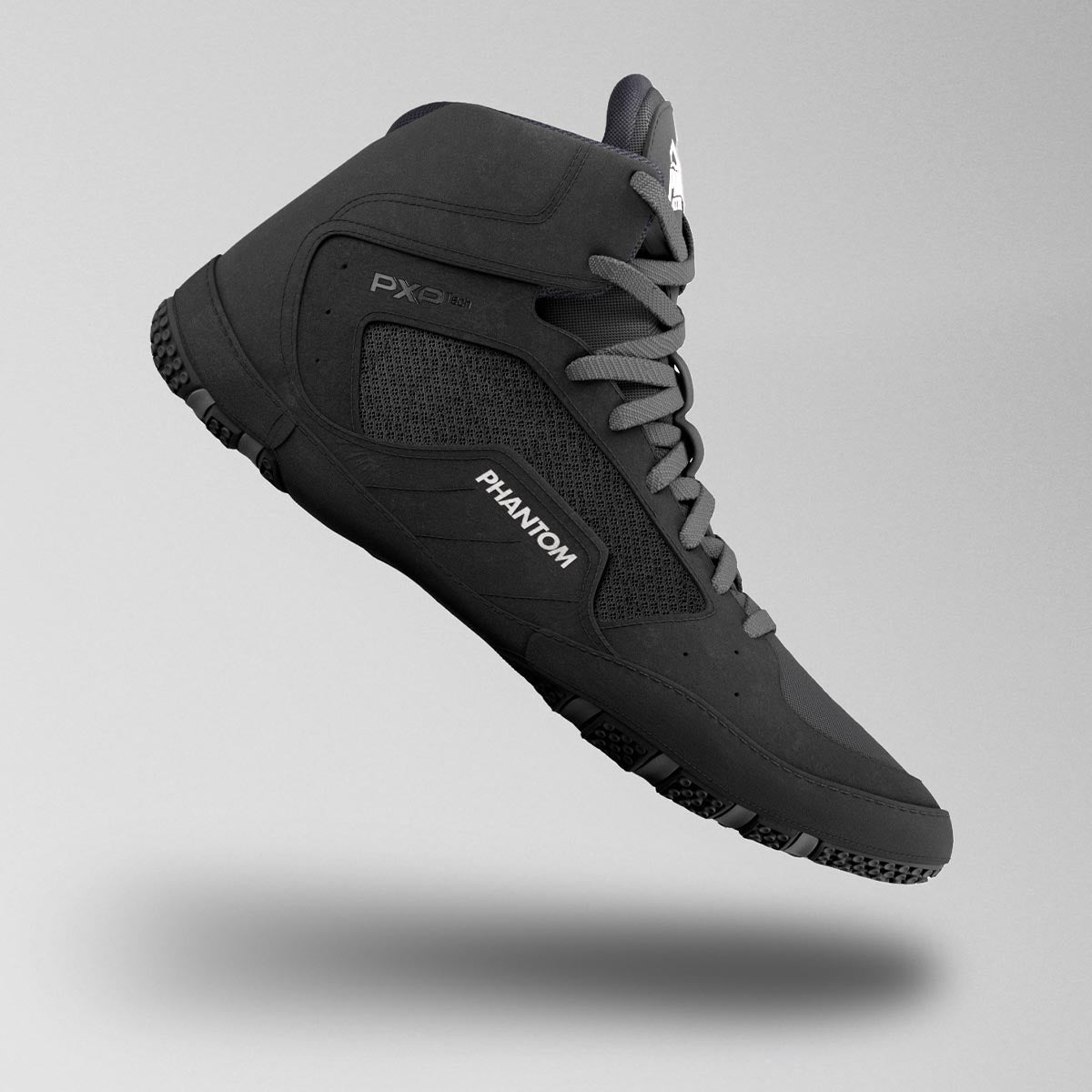 Phantom Athletics Ringerschuhe in Schwarz und Grau, speziell für Kampfsportarten wie Ringen und Grappling entwickelt. Vereinen modernes Design mit hervorragender Stabilität und Bewegungsfreiheit für Training und Wettkampf.