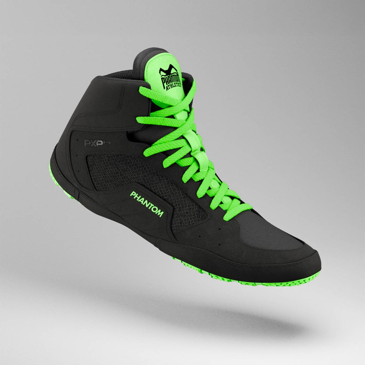 Tactic Schwarz-Neon-Grün Ringerschuhe von Phantom Athletics, entwickelt für ambitionierte Kampfsportler. Die hochwertige Verarbeitung und das markante Design garantieren Langlebigkeit und optimale Kontrolle.