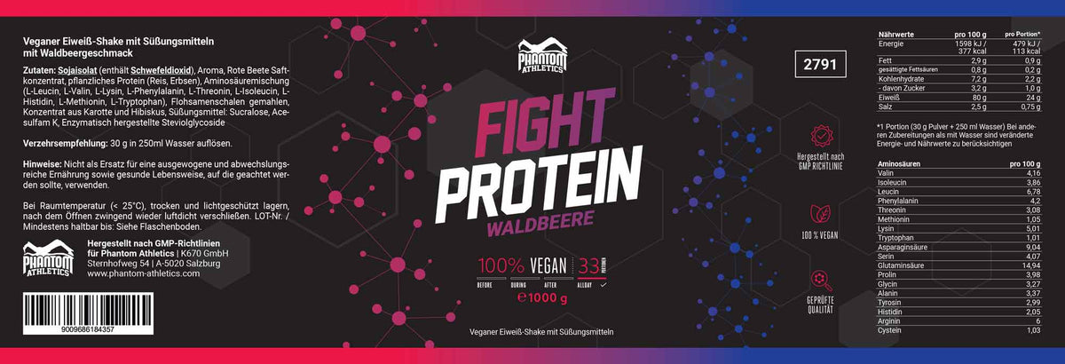 Hochwertiges Fight Protein Wildberry 1000g von Phantom Athletics, perfekt für Kampfsportler und Fitnessfans. Unterstützt die Muskelerholung und fördert die Leistungsfähigkeit nach harten Workouts.