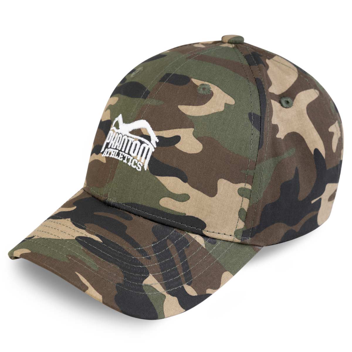 Phantom Cap für Kampfsportler. 6-Panel Cap in grün Camo mit gebogenem Schirm und hochwertig gesticktem Phantom Athletics Logo. Ideal für alle MMA Kämpfer, Boxer, BJJ Kämpfer, Thaiboxer oder Kickboxer.