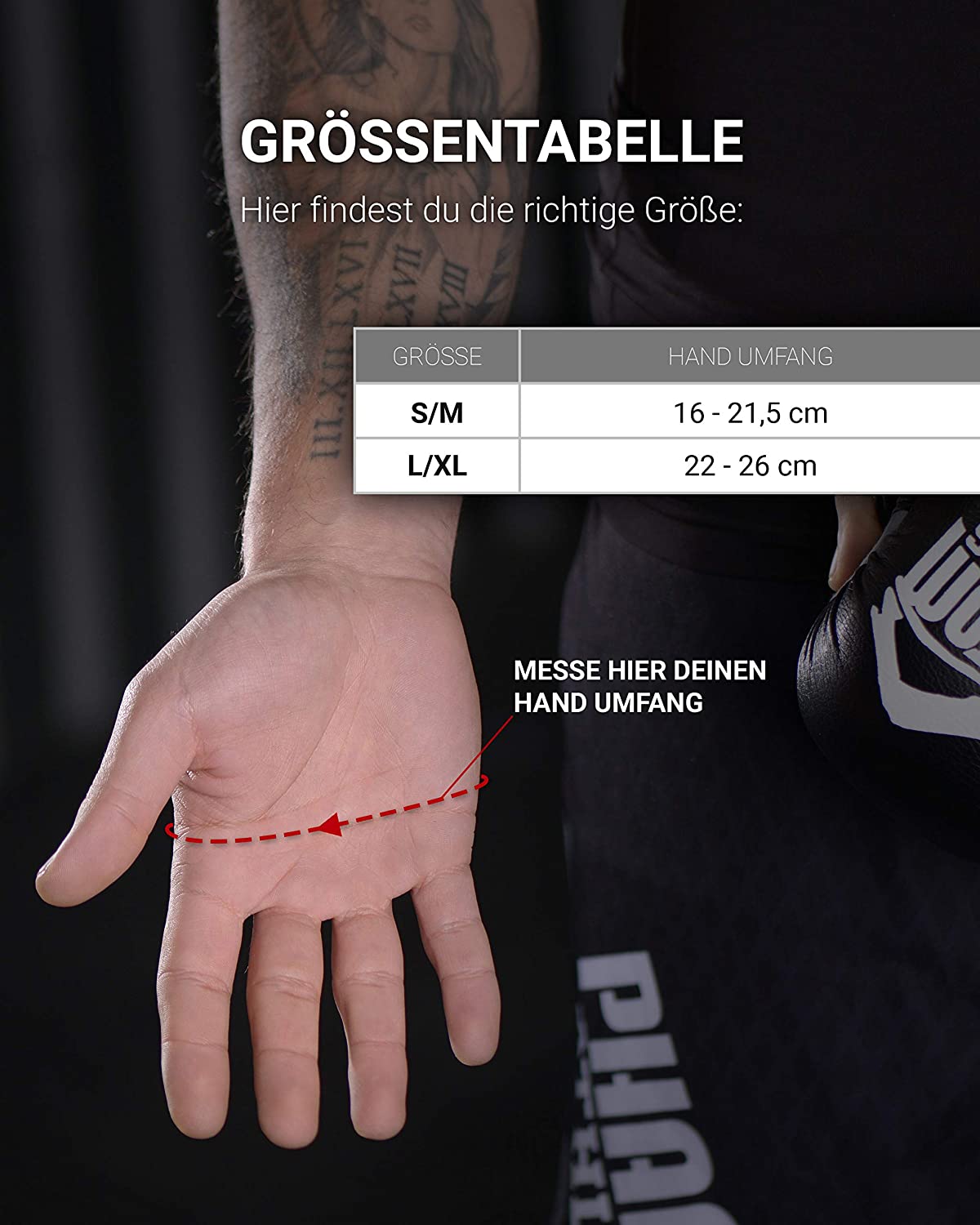 Die Größentabelle für die Phantom RIOT Sparrings MMA Handschuhe