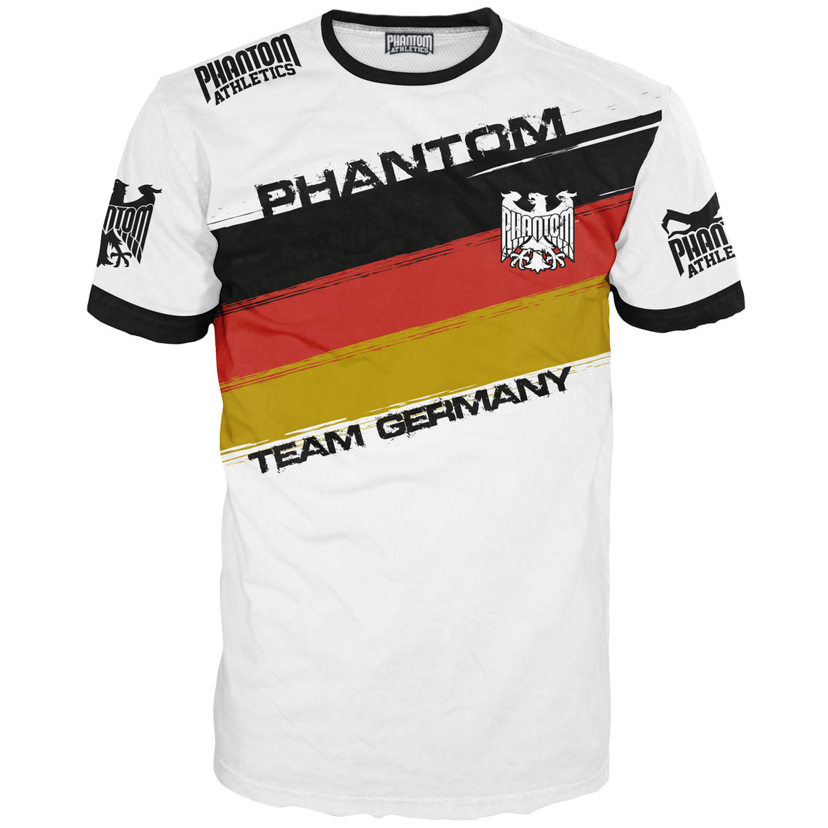 Phantom Athletics Training Shirt Evo Germany White mit stylischem Deutschland-Design. Perfekt für Kampfsportarten wie MMA, Boxen und Muay Thai sowie für Fitness-Training.