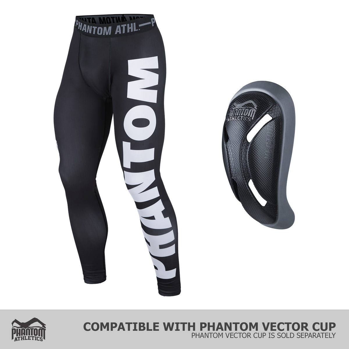 Lange Compression Tights von Phantom für deinen Kampfsport. Überragende Qualität, Passform und Komfort. Perfekt für MMA, Grappling, Muay Thai, BJJ oder auch Ringen. Die beste Kampfsport Legging auf dem Markt. Hier im schwarzen Domination Design mit großem PHANTOM Schriftzug. Kombinierbar mit dem Phantom Tiefschutz.