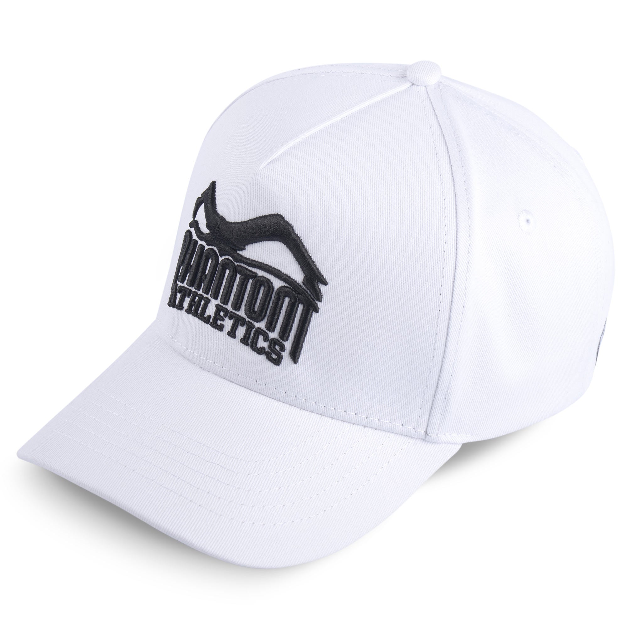 Phantom Cap für Kampfsportler. 5-Panel Trucker Style Cap in weiss mit gebogenem Schirm und hochwertig gesticktem Phantom Athletics Logo. Ideal für alle MMA Kämpfer, Boxer, BJJ Kämpfer, Thaiboxer oder Kickboxer.