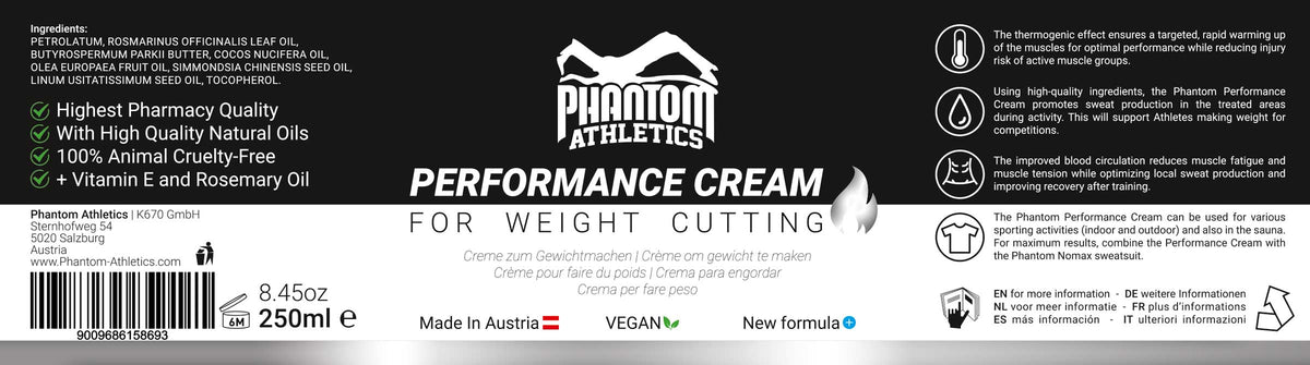 Die Phantom Athletics Sweat Cream ist perfekt für Gewichtmachen in Kampfsportarten wie Ringen, Muay Thai und MMA. Sie erhöht die Schweißproduktion für deine optimale Kampfvorbereitung.